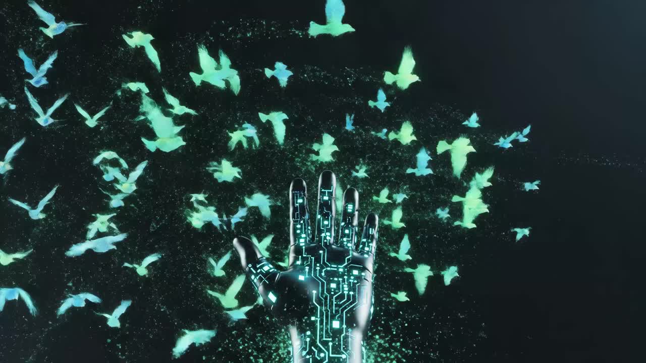 Cybernetic Hand Releasing Digital Birds into Binary Code Stream