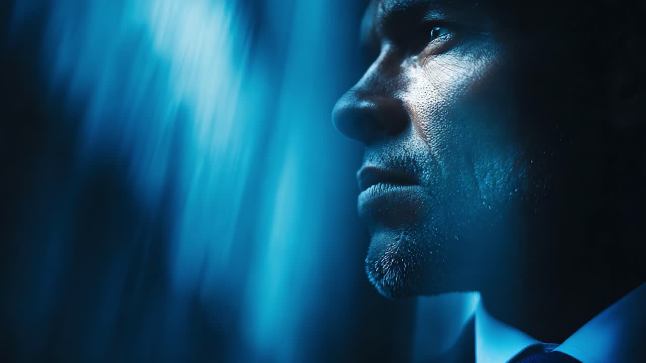 A Deep Reflection on Determination: An Intense Portrait Capturing the Thoughtful Expressions of a Man in a Suit Against a Mysterious Blue Background