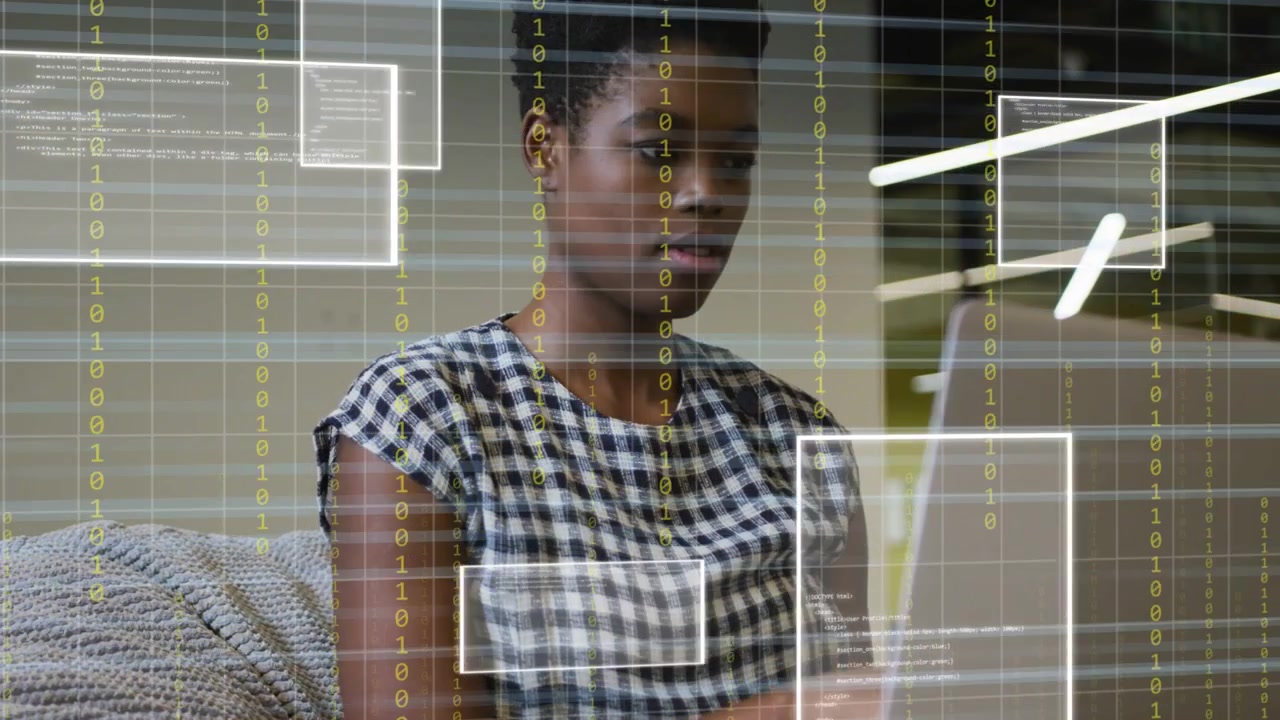 Woman typing on laptop on couch, activating floating binary panels and data windows for tech demo