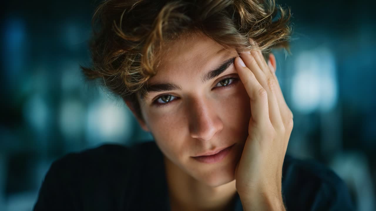Primo piano di un giovane uomo pensieroso con capelli texturizzati e occhi espressivi, che cattura emozioni e introspezione in un ambiente con illuminazione soffusa