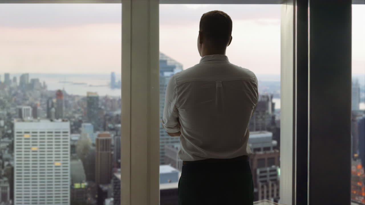 un hombre de negocios contemplando la vista de la ciudad.