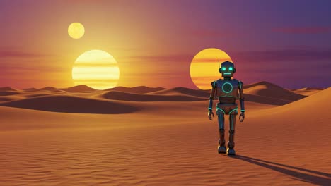a futuristic robot stands amidst a dual-sunrise landscape in a desert setting, capturing the essence of sci-fi and exploration under two bright suns