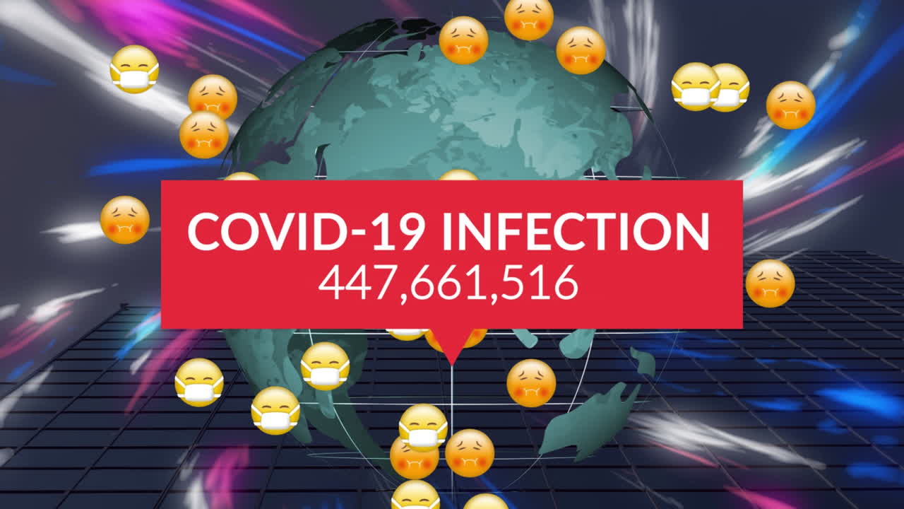 animación de iconos emoji y texto de infección por covid-19 en todo el mundo
