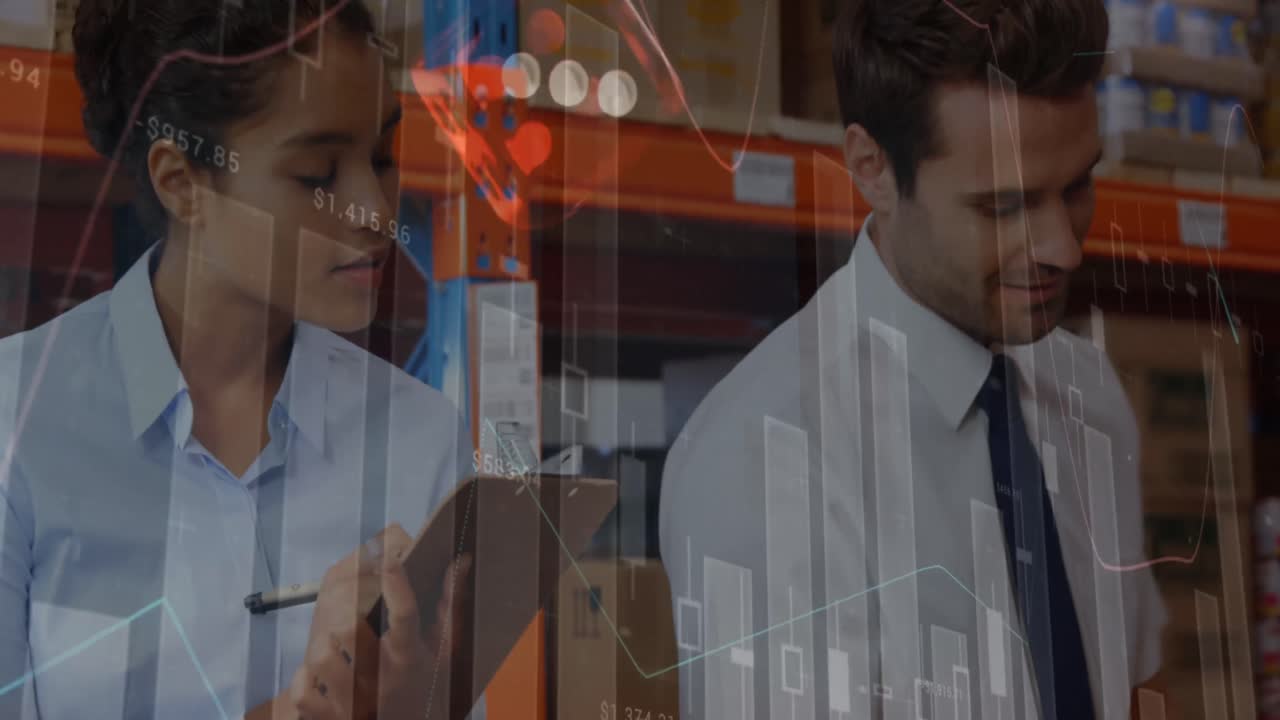 animación del procesamiento de datos financieros sobre las personas que trabajan en el almacén