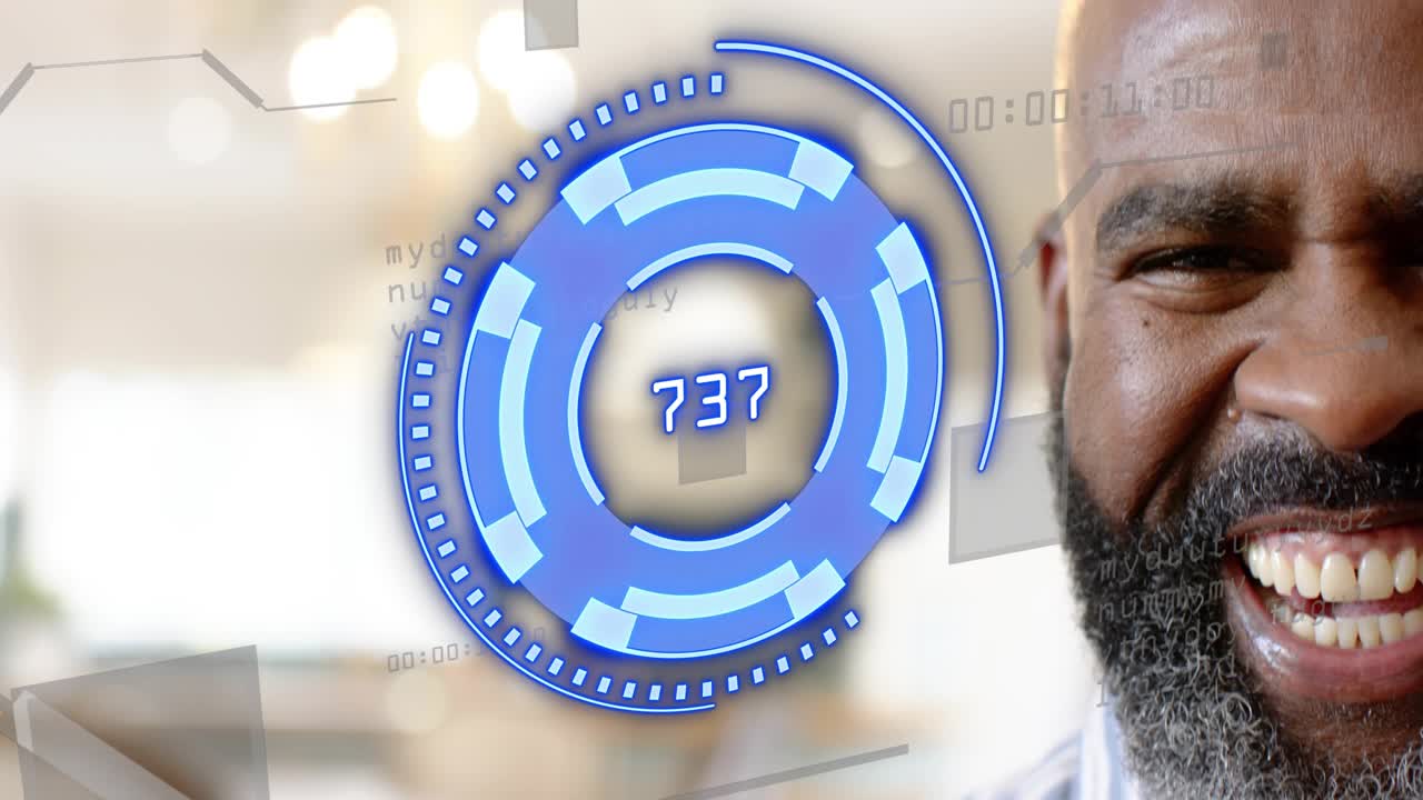 Mature man reacting to finance HUD updating numbers in office, smiling and laughing at high reading