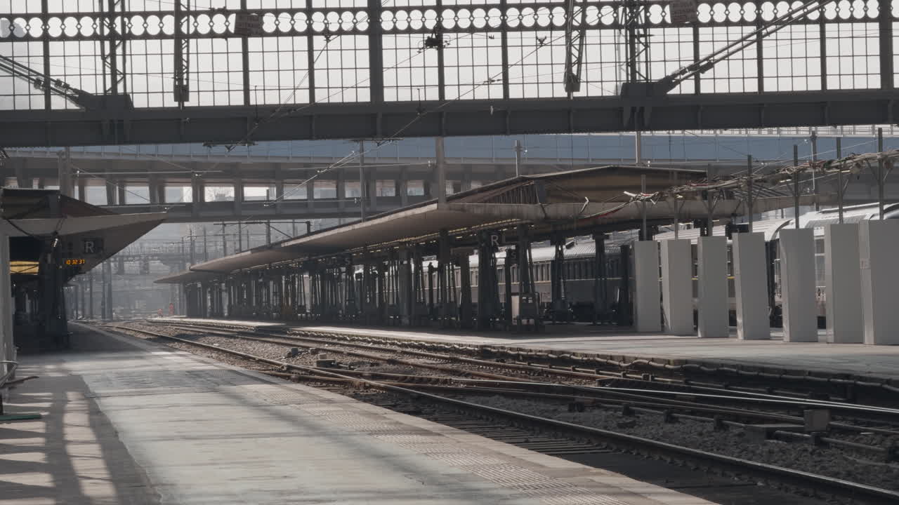 Austerlitz station in Paris during restoration, empty tracks and modernist mood