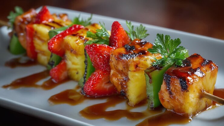 Un assortiment délectable de brochettes de fruits grillés : ananas juteux, fraises sucrées et poivrons éclatants glacés d'une sauce riche pour un délice culinaire.