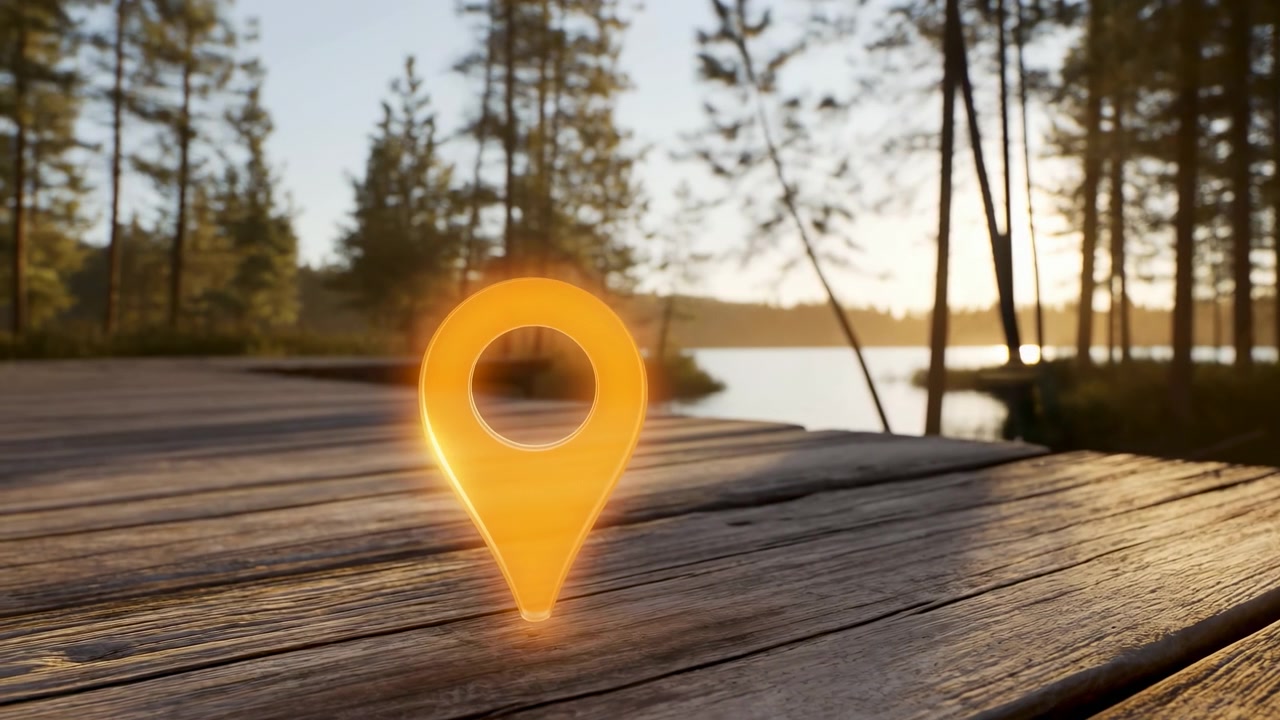 Glowing orange location pin resting on weathered wooden dock beside calm lake during golden hour, low angle close view with warm light, soft reflections, scenic shoreline backdrop