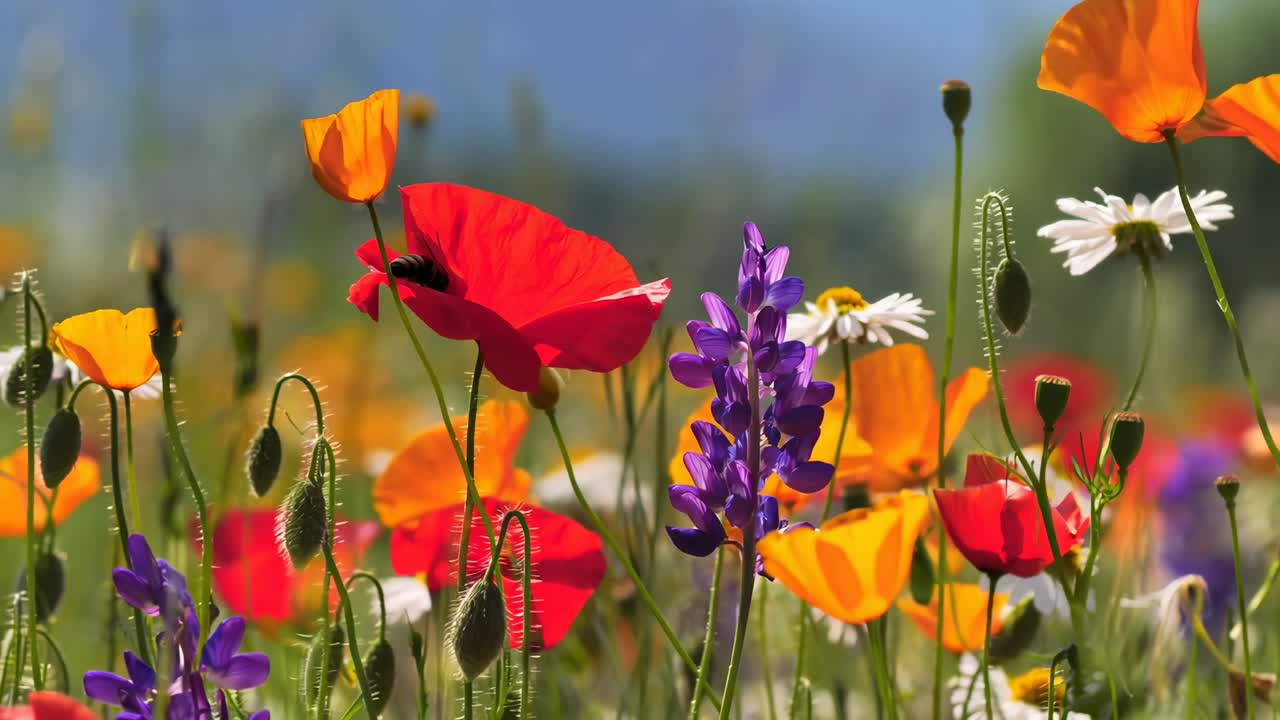 Flores silvestres vibrantes tomadas desde un ángulo bajo, perfectas como fondo para un vídeo de naturaleza