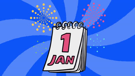 animation of 1 jan text on calendar with blue stripes spinning background