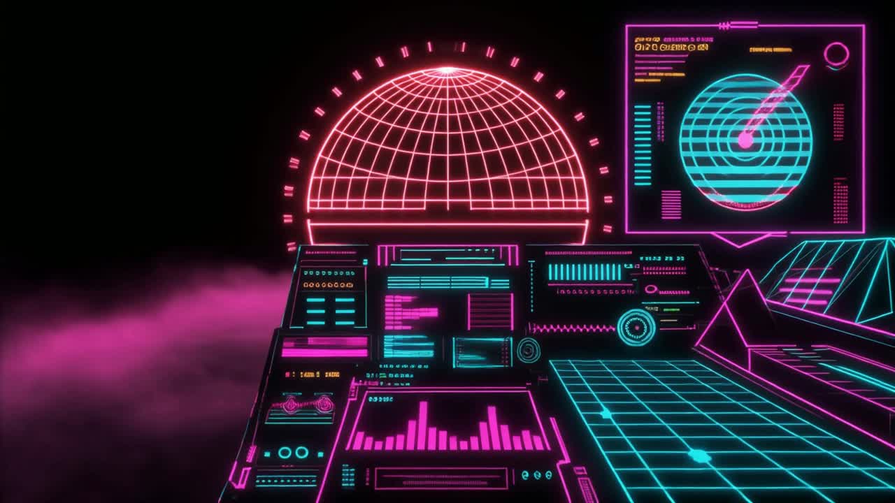 Retrofuturistic Neon Control Panel with Digital Data Display