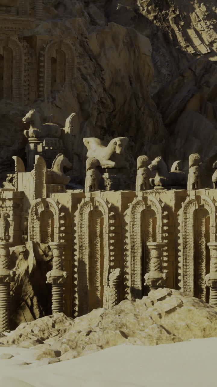 Impressive sand sculpture resembling ancient architecture in a desert location