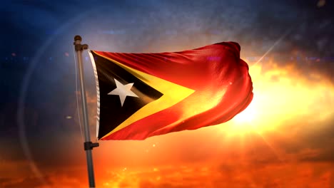 east timor flag backlit at beautiful sunrise loop slow motion 4k