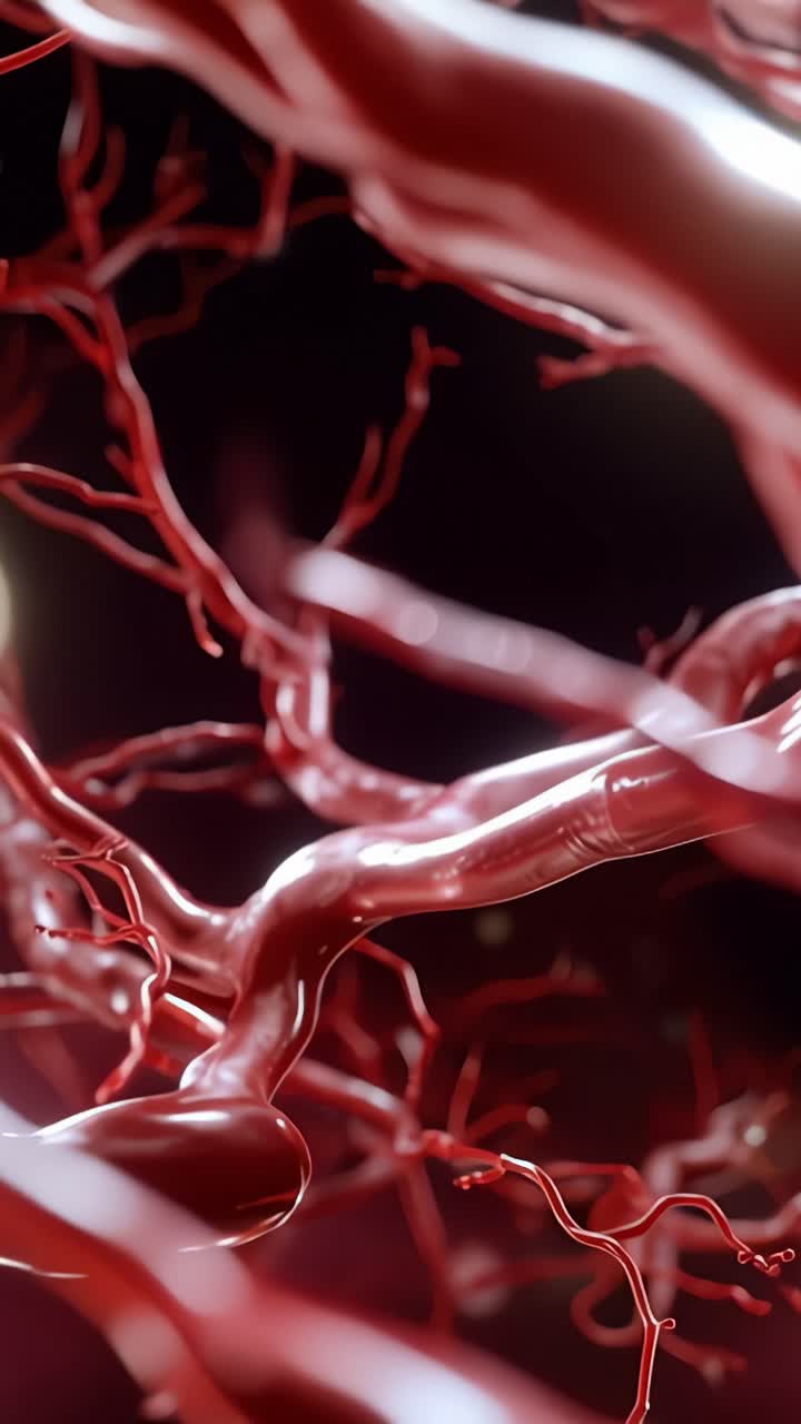 Esplorazione dettagliata di intricate strutture di vasi sanguigni illuminate di un rosso vibrante con uno sfondo luminoso e tenue che ne evidenzia le curve e la forma naturali