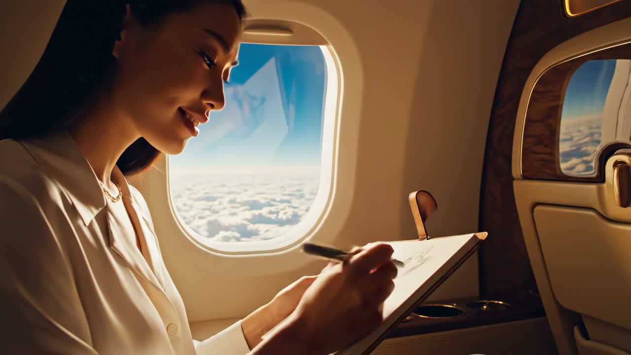 Woman drawing on a plane