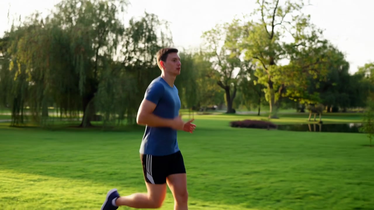 Giovane uomo atletico che fa jogging lungo un sentiero del parco in una calda luce dorata, mostrato a metà passo con la gamba destra estesa, la gamba sinistra che spinge e le braccia che oscillano in una forma di corsa equilibrata accanto a erba, alberi e uno stagno