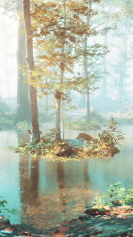 hermoso bosque con silueta soleada con rayos de sol a través de la niebla