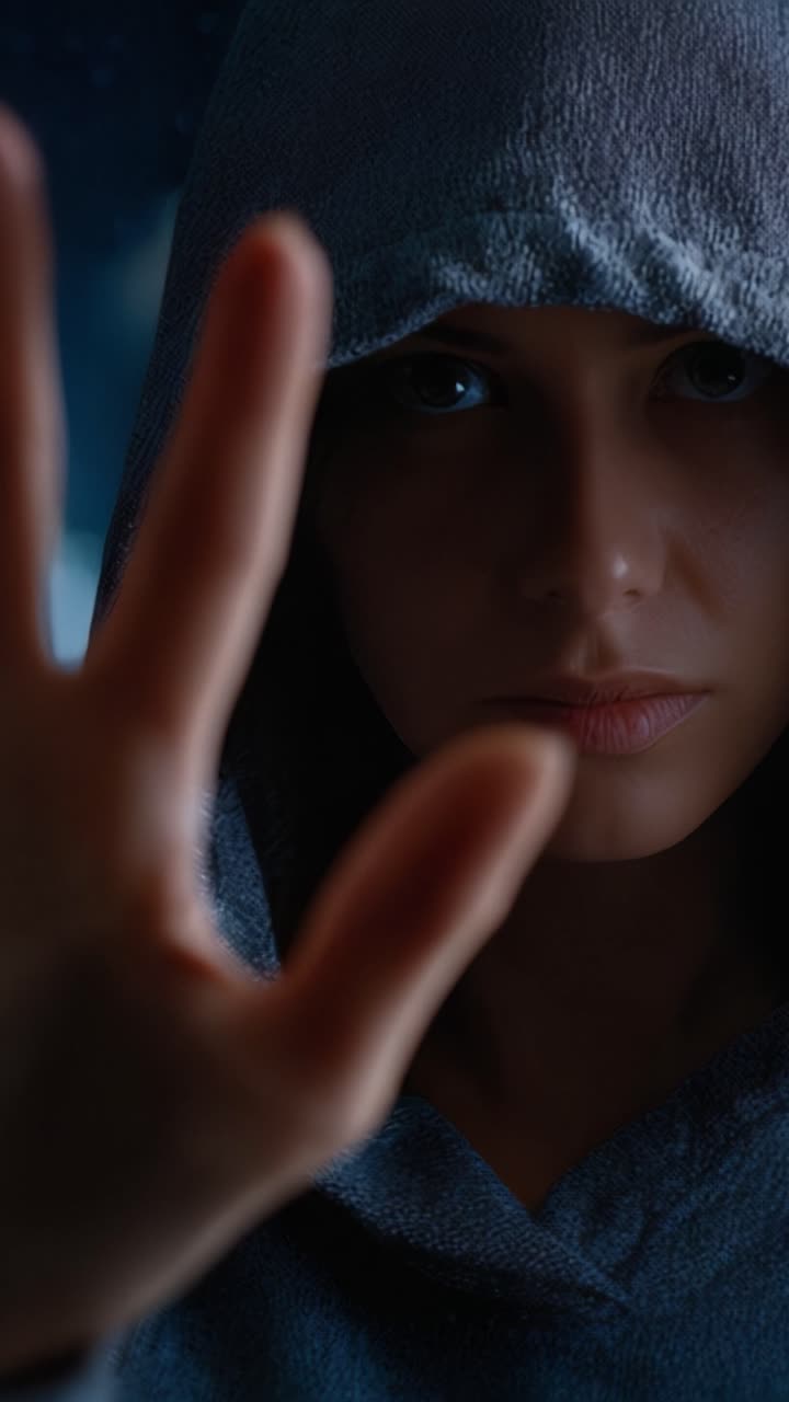 Una figura misteriosa in un mantello con cappuccio allunga una mano, trasmettendo emozione e intrigo in un ambiente scarsamente illuminato con un'espressione accattivante.