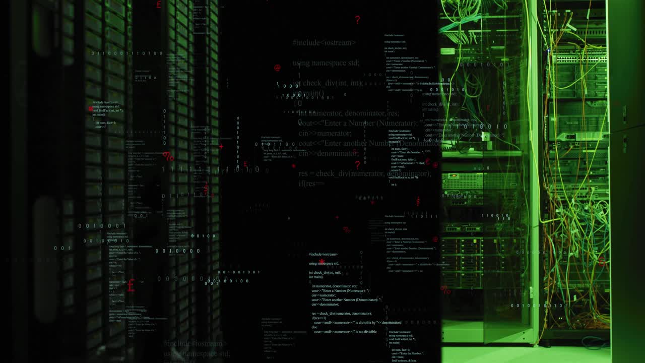 Red symbols materializing then combining with binary code cascading around racks showing data flow