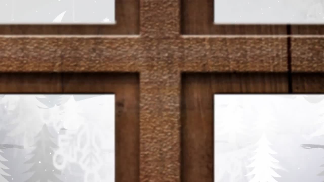 겨울 풍경 의 애니메이션, 산타  ⁇ 매, 사 ⁇  과 창문 을 통해 보이는 인사