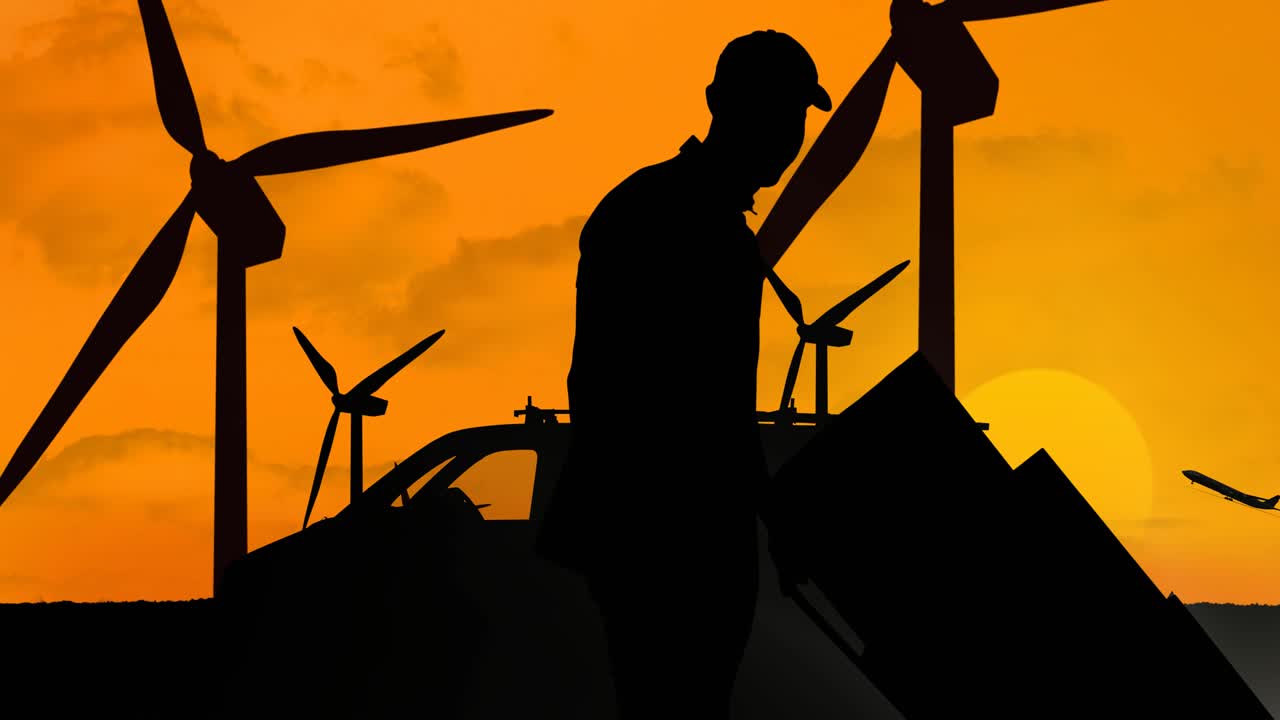 밴, 풍력 터빈 및 비행기 위로 이동하는 트롤리와 함께 실루 배달 사람의 애니메이션