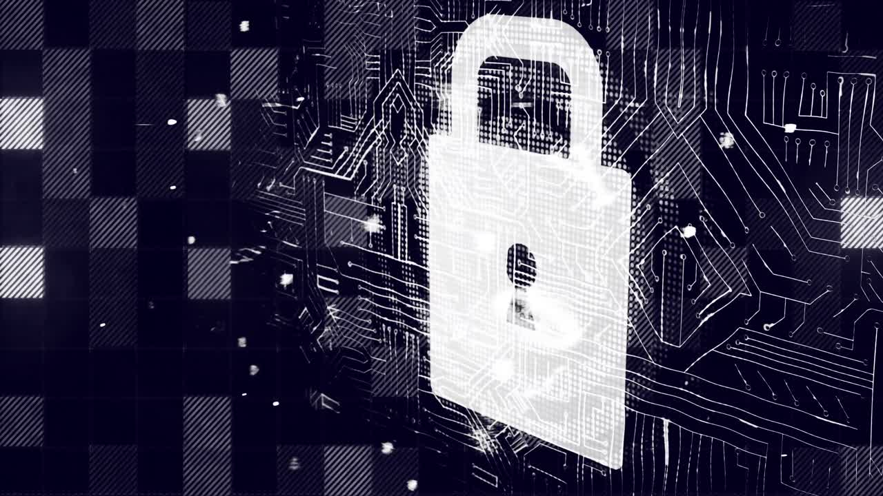 Animation of padlock and computer circuit board over black background