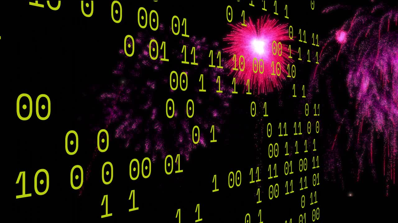 Animation of looping binary codes over colorful exploding fireworks against black background