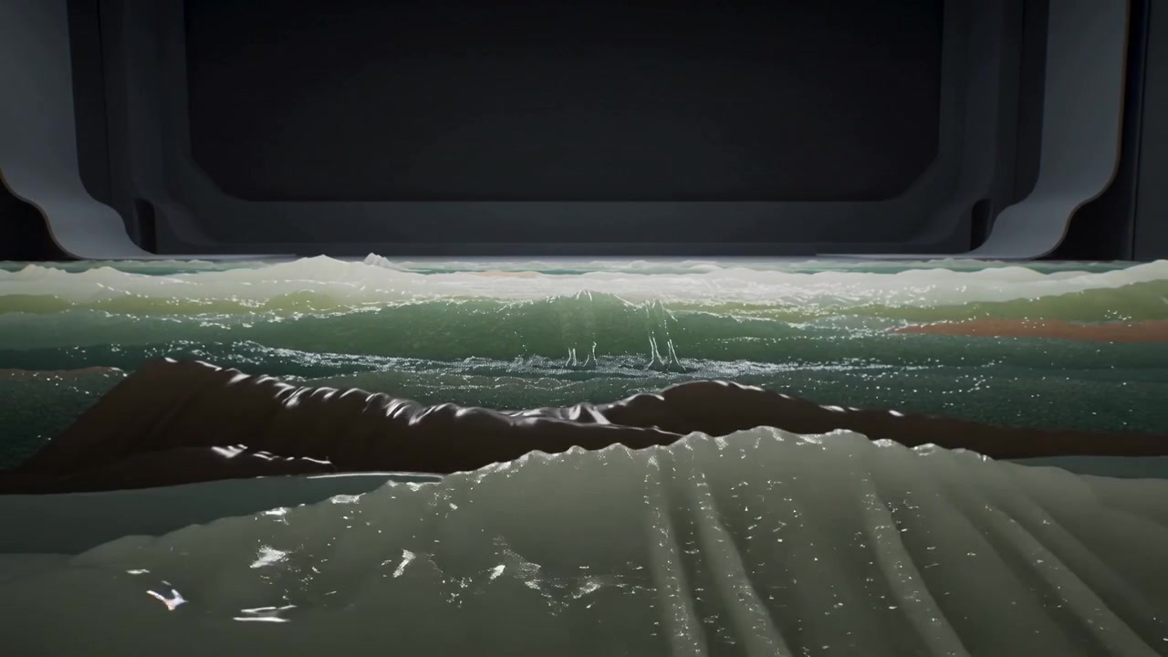 Forming green water surface translating lateral crest across confined tank, momentum sending foam