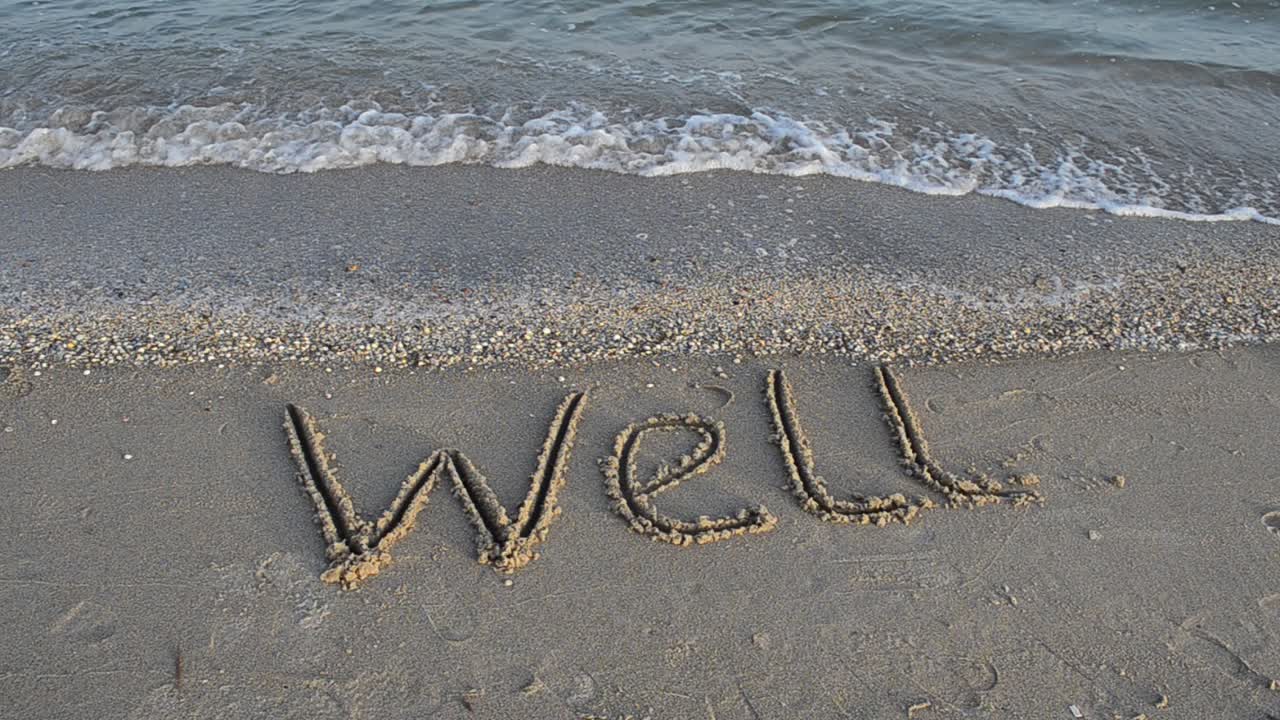 The inscription WELL on sand. Shooting on the beach