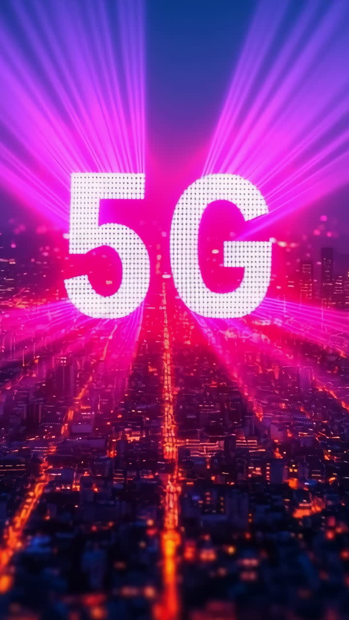 5G-lit city skyline. A vibrant city skyline at dusk showcases glowing lights and beams symbolizing advanced 5G technology.