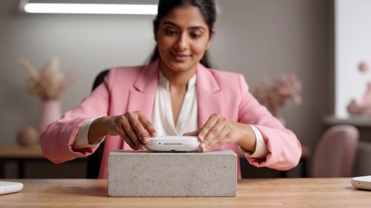 A fashionable woman in a pink blazer thoughtfully interacts with minimalist décor, showcasing modern design aesthetics and the beauty of functionality in workspace.