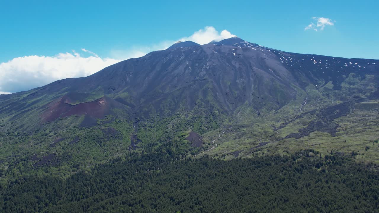 Drone shot of scenic landscapes around Mt. Etna, Volcano in Sicily, Italy, drone flies away from the volcano