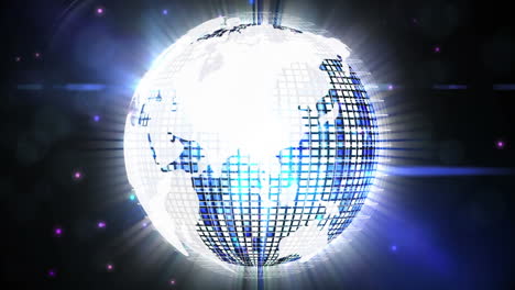 animation of glowing particles over shiny disco ball spinning and light spots on black background