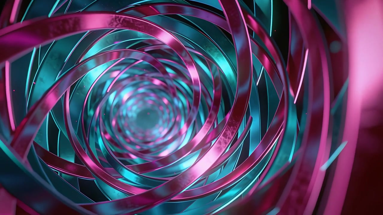 Telecamera in movimento che inizia a spingersi verso l'interno in un tunnel a elica metallica magenta-ciano, avvicinandosi a un nucleo luminoso.