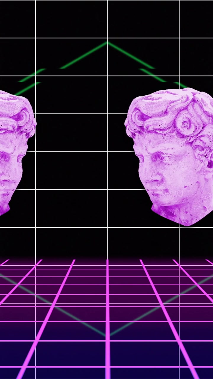 Three pink classical busts in animation over neon grid and geometric shapes