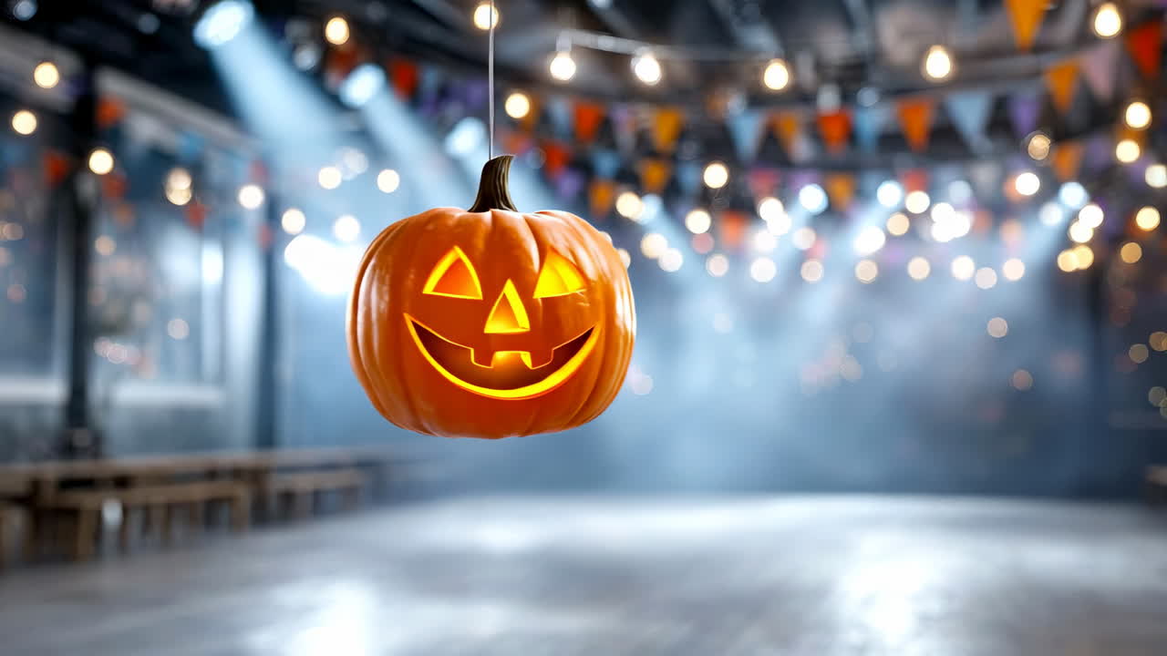 Hanging pumpkin lantern at a party. A carved Halloween pumpkin lantern hanging in a decorated hall with colorful lights and banners
