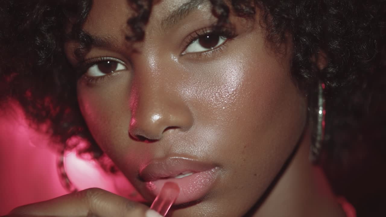 Captivating Close-Up of a Young Woman with Beautiful Curly Hair, Exuding Confidence and Charm While Posing with a Lip Gloss Applicator, Radiating Stunning Elegance