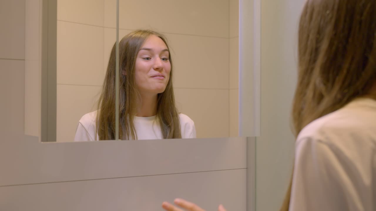 Giovane donna motivata che si esercita a parlare per un colloquio davanti allo specchio
