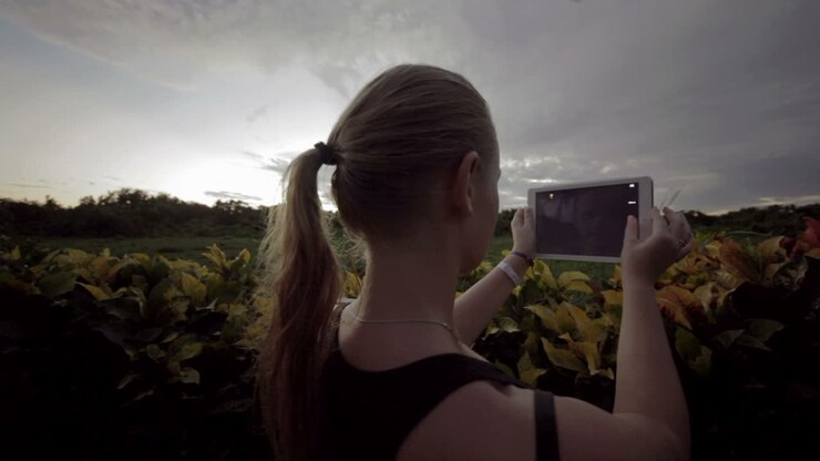 Woman outdoor using tablet PC to make photos of nature scenes