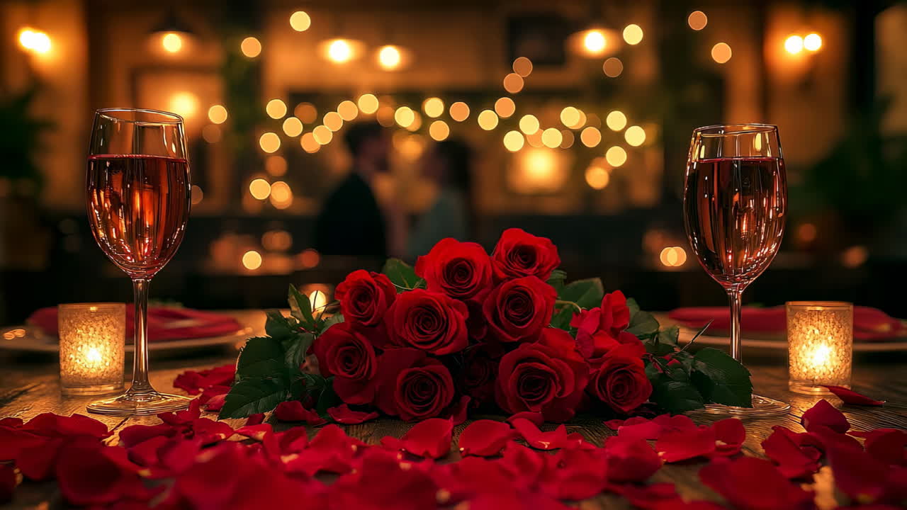 Romantic dinner with roses and candles at a cozy venue during the evening hours