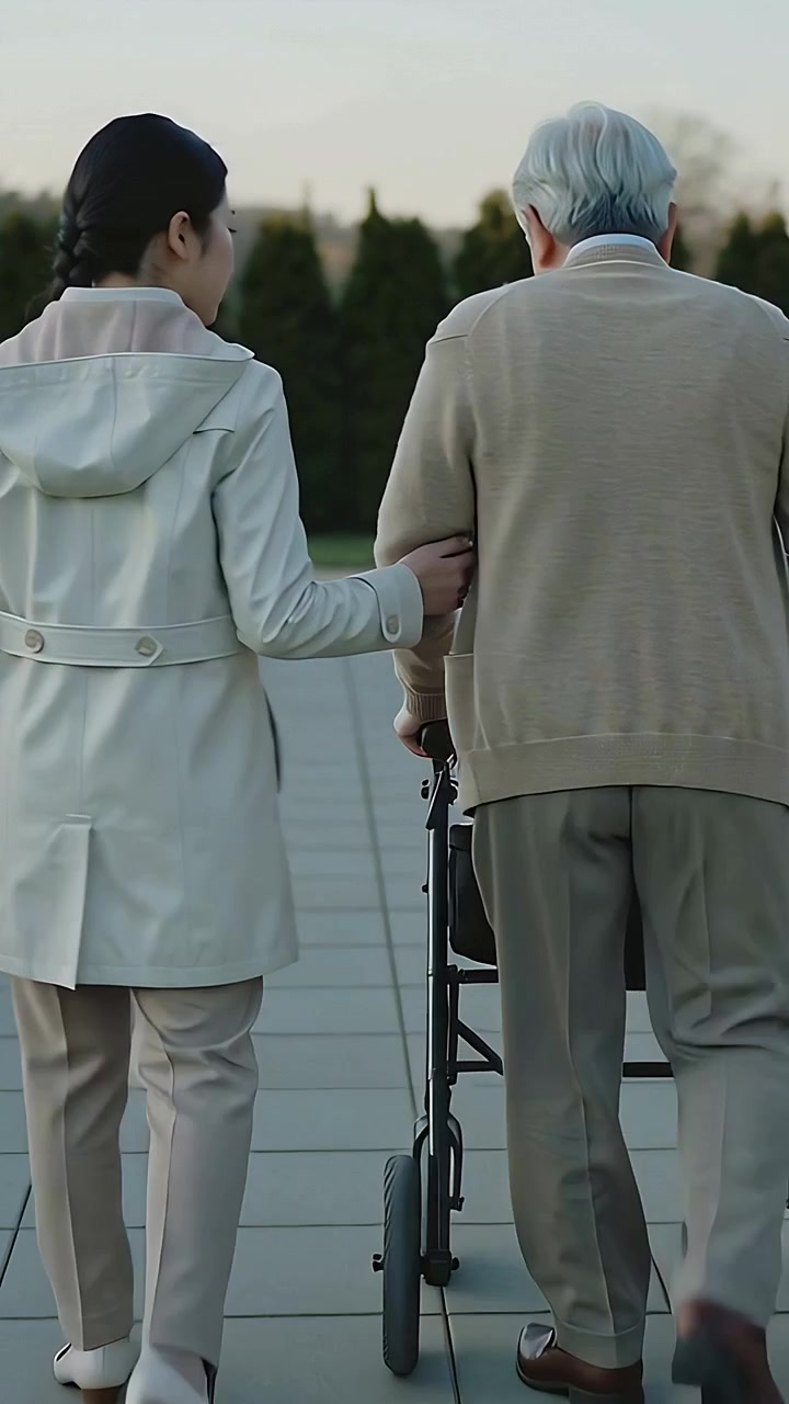Vertical video: Holding arm, caregiver steadying senior man walking with rollator on plaza