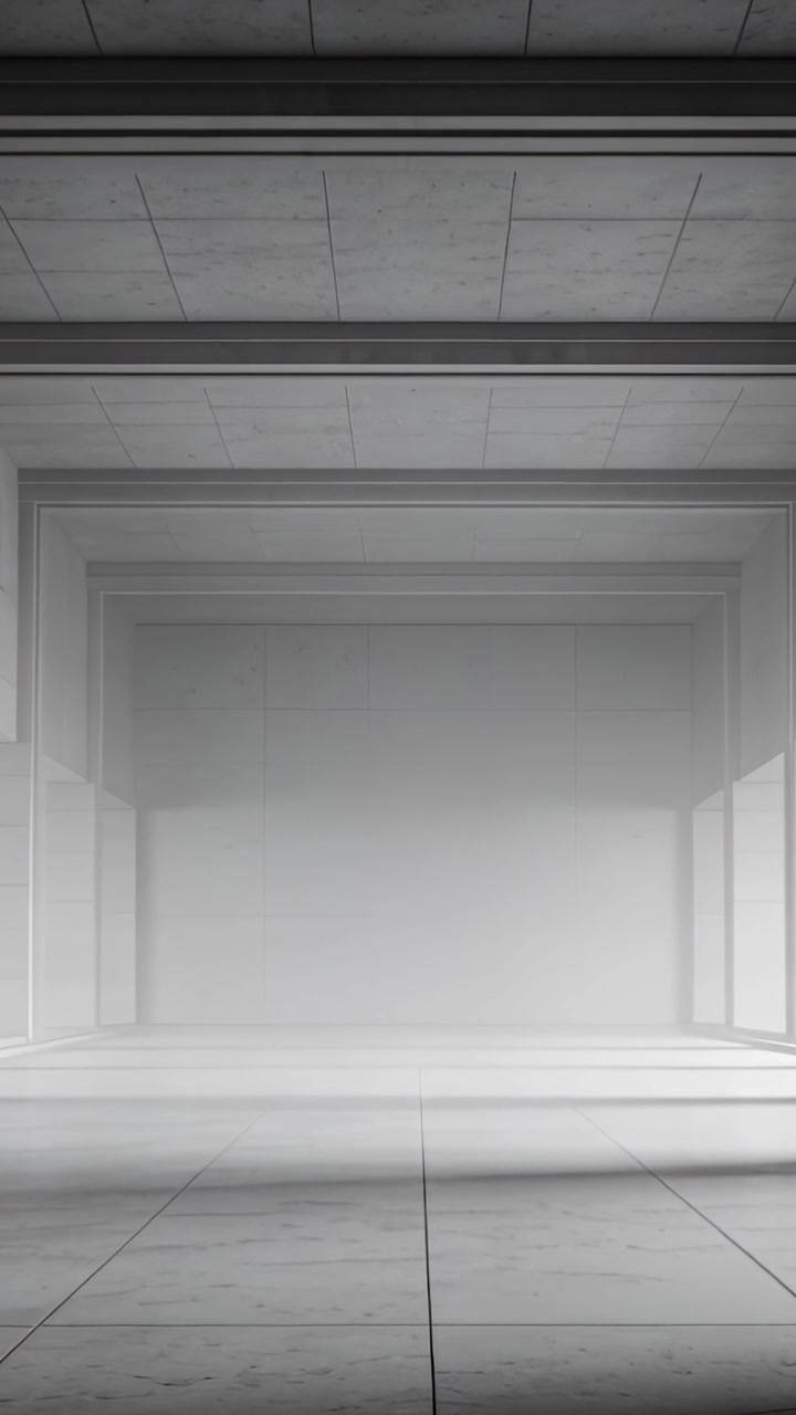 Vertical video: Shifting sunlight casting diagonal shadow across empty rectangular bay with haze