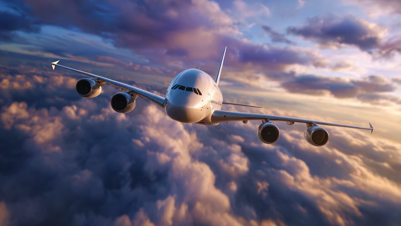 A Majestic Aircraft Flying Above Cotton Candy Clouds at Sunset, Showcasing Aerodynamic Design, Power, and Beauty in the Sky's Colorful Canvas