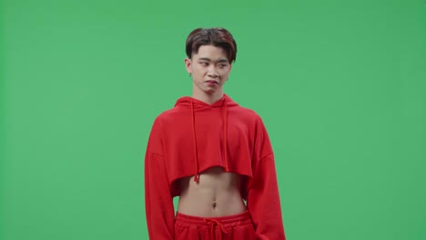 man in red cropped hoodie