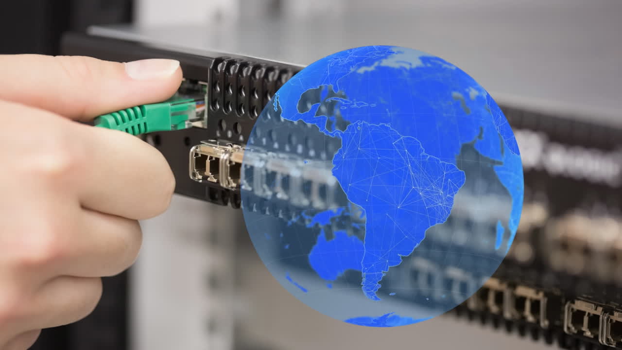 지구촌의 애니메이션 백인 남성 노동자가 서버 방을 검사하고 있습니다.