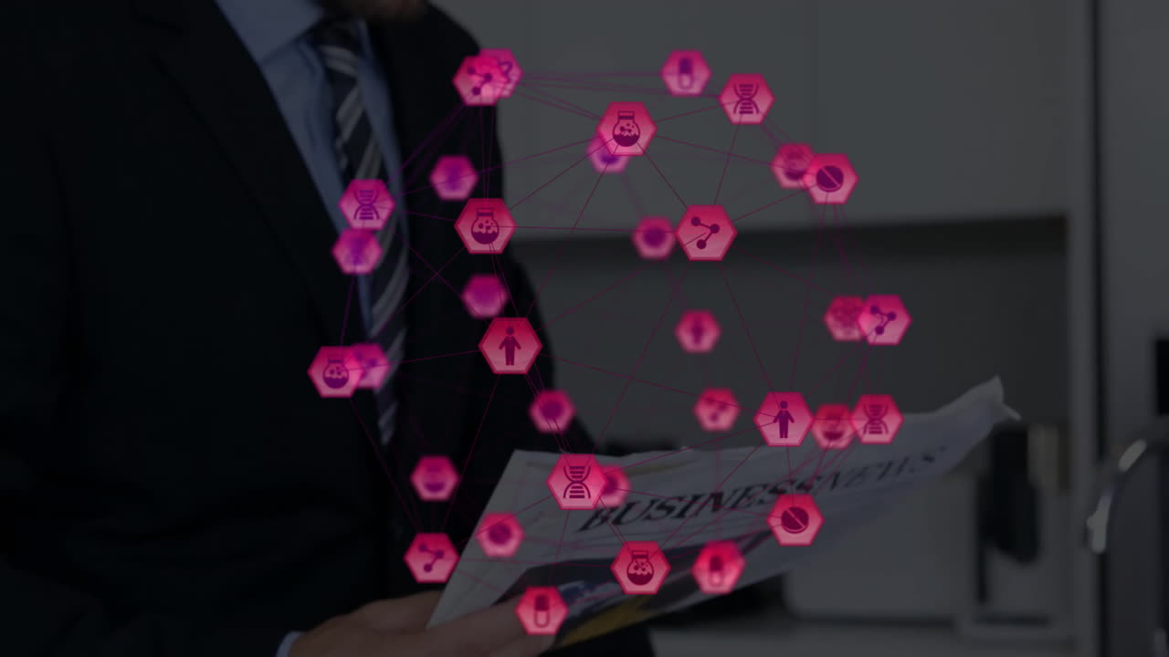 신문을 읽는 백인 사업가 여성에 대한 아이콘과의 연결 네트워크의 애니메이션