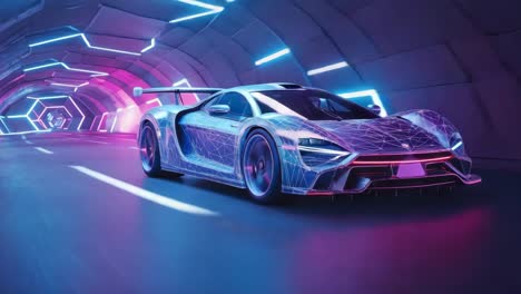 futuristic wireframe sports car in neon lit tunnel