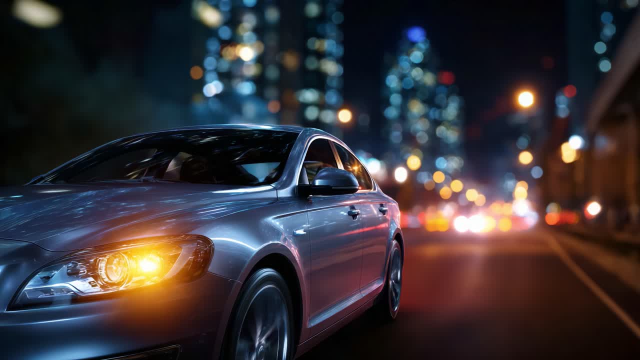 Un'elegante auto argentata che sfreccia in una vivace città di notte, illuminata dalle luci della città, che mette in mostra la bellezza della guida urbana e del design automobilistico moderno