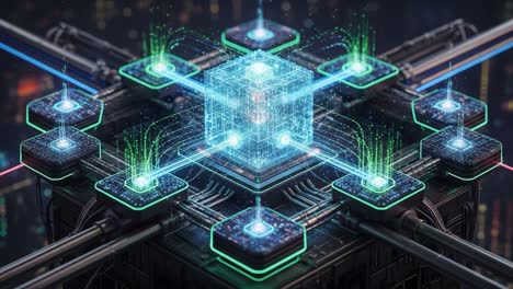 a futuristic digital network interface showcasing data exchange through bright green lines and holographic elements in a high-tech environment