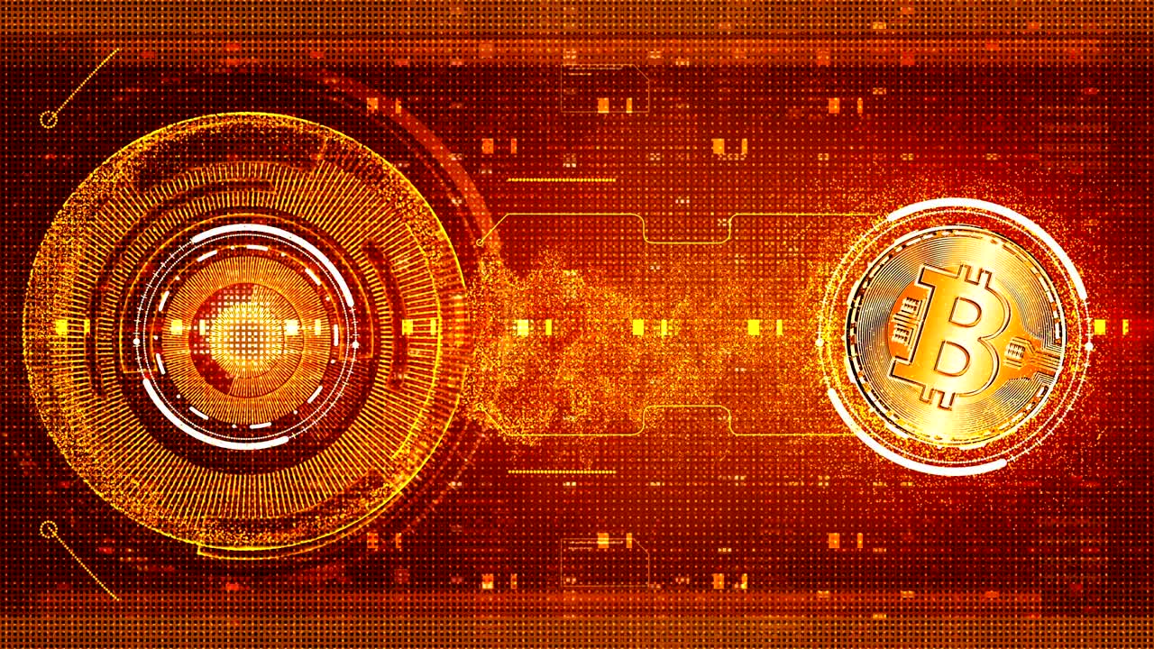 partículas de matriz digital abstracto bitcoin tecnología de moneda digital fondo de movimiento